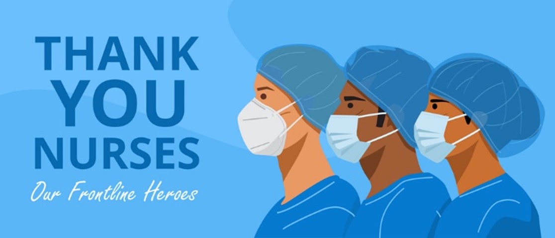 illustration of three nurses in scrubs for Nurses Month scrubs