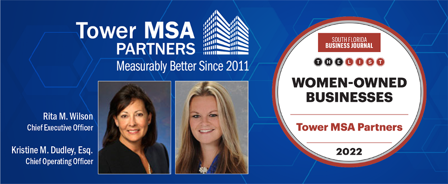 banner featuring photo of CEO Rita Wilson and COO Kristine Dudley to announce Tower MSA being named to Women Owned Business list