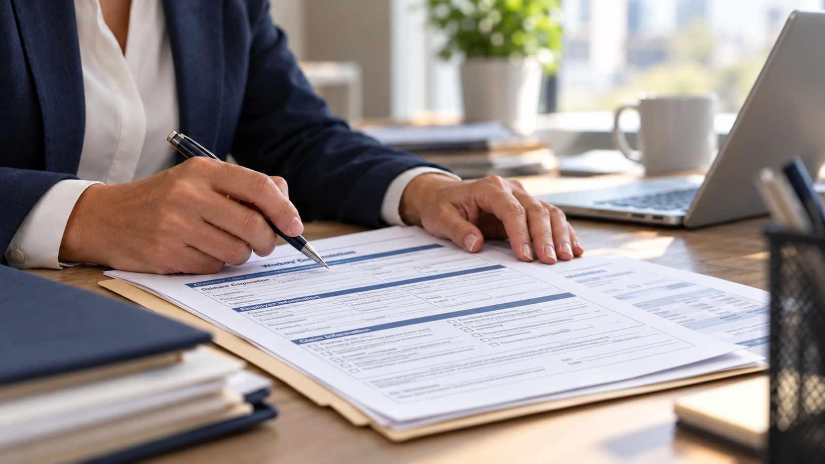 Claims professional reviewing a Section 111 claim form at a desk with a laptop